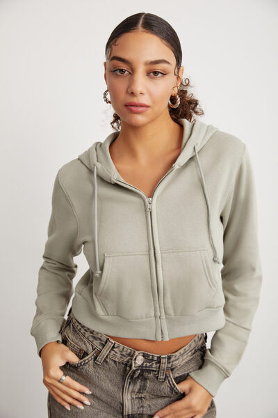 GRIMELANGE Zelená dámská Crop mikina Delia – 3 vlákna, kapuce na zip, uvolněný střih