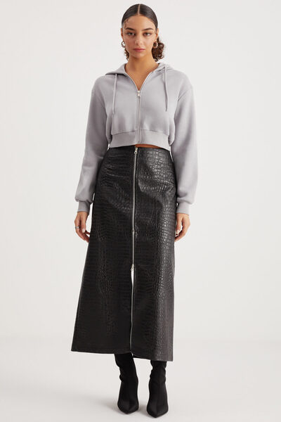 GRIMELANGE Delia Women – 3vláknová šedá pletená mikina, Crop Cut, Kapuce na zip