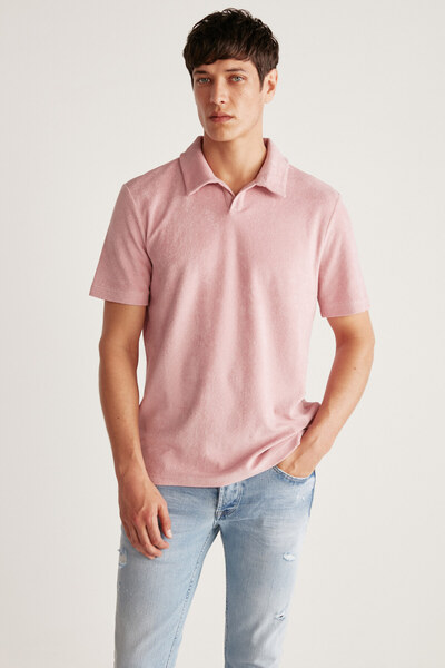 GRIMELANGE Todd Men's Polo Neck Terry Fabric Thick Textured Pink Polo Neck T-shirt