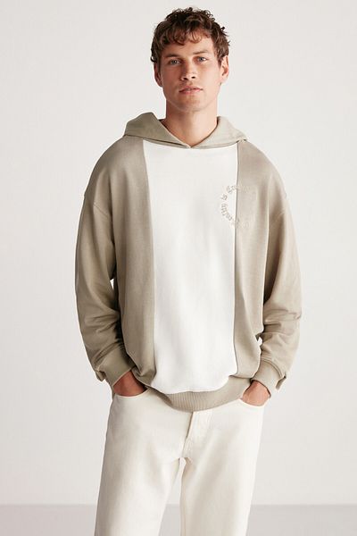 GRIMELANGE Timothy Men's Contrast Piece Embroidered Hooded Light Khaki Sweatshirt