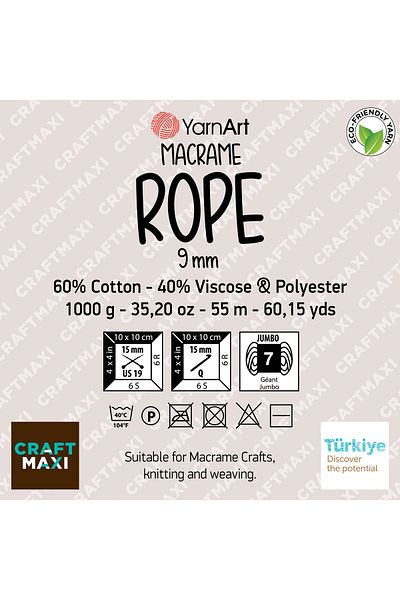 Yarnart MACRAME ROPE 9MM - ΜΑΚΡΑΜΕ ΧΕΙΡΟΠΟΙΗΤΟ ΣΧΟΙΝΙ ΠΛΕΚΤΟ ΚΡΕΜΑ-752