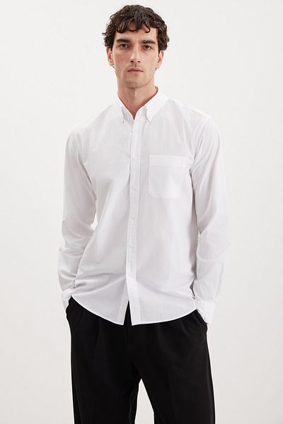 GRIMELANGE Peres Men's Woven 100% Cotton Thick Textured Slim Fit White Shirt with Pockets