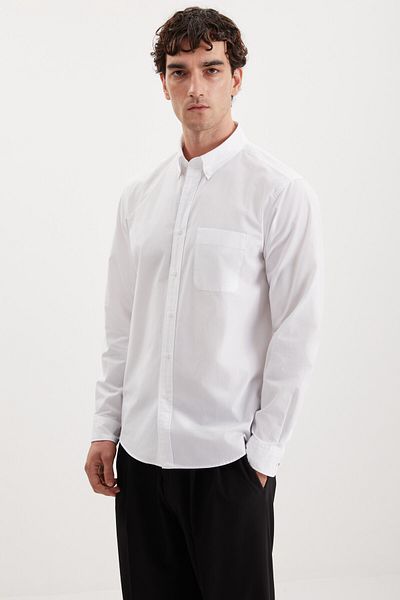 GRIMELANGE Peres Men's Woven 100% Cotton Thick Textured Slim Fit White Shirt with Pockets