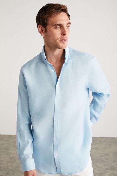 GRIMELANGE Brıce Men's 100% Linen Fabric Draped Light Blue Shirt