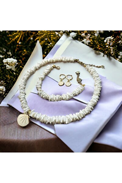 Denis Bujiteri Kadın Doğal Taş Beyaz Deniz Kabuğu 40 Cm Ve Uzatma Kolye,15cm Ve Uzatma Bileklik Ve Küpe