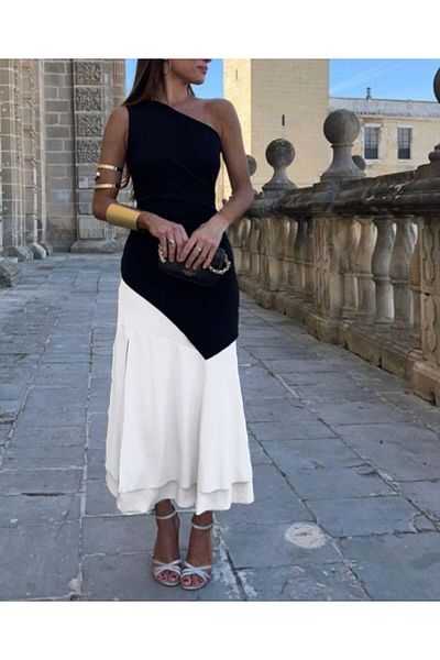 Markano Diver Fabric Double Color One Shoulder Dress