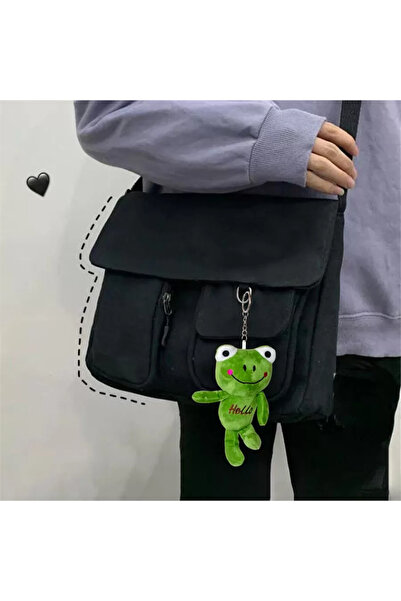 Genel Markalar Peluş Kurbağa Figürlü Anahtarlık Detaylı Siyah Postacı Çanta
