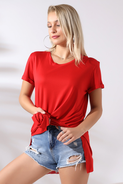 Endies Casual T-Shirt with Folded Sleeves and Slits on the Sides 19598 RED