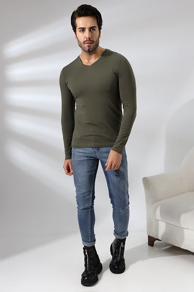 Endies Tricou compact din bumbac pieptănat Lycra, cu mânecă lungă, cu decolteu în V, slim fit 19648 kaki