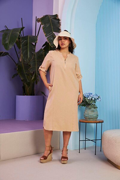 RMG Keten Pamuk Karısımlı Fermuarlı Rahat Vizon Buyük Beden Elbise