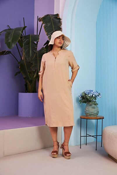 RMG Keten Pamuk Karısımlı Fermuarlı Rahat Vizon Buyük Beden Elbise