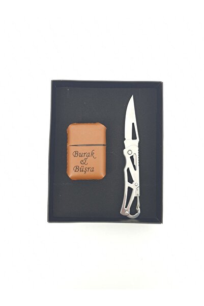 SürLaz İsme Özel El Yapımı Deri Kılıflı Benzinli Çakmak Cep Çakısı 2 Parça He...