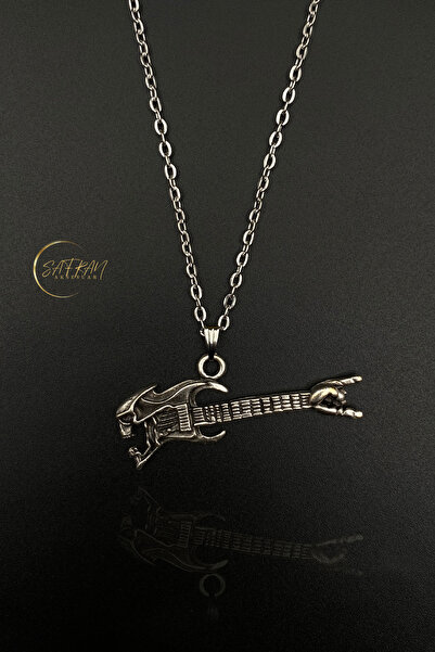 Hiza 925 Ayar Gümüş Kaplama Kurukafa Detaylı Elektro Gitar Kolye (DOĞAL TAŞ B...