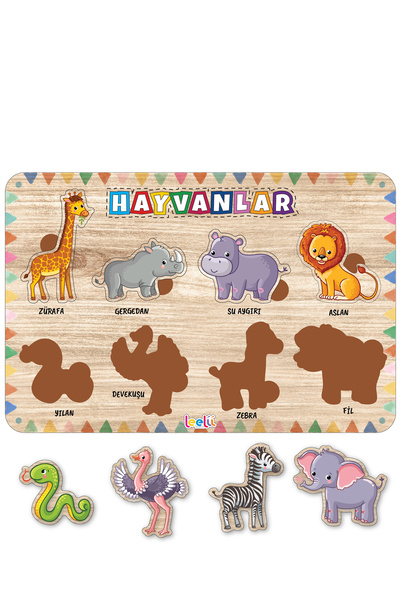 Leelii Tasarım Sevimli Hayvanlar Ahşap Puzzle, Aslan, Fil, Zebra, Zürafa Bul-tak Eğitici Ve Öğretici Yapboz