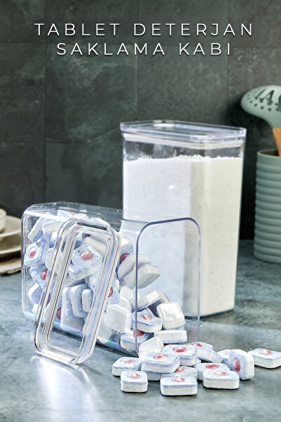 Milenay Tablet Deterjan Kristal Saklama Kabı, 3000ml Hacim, Hava Geçirmez Vakum Kapaklı, Sticker Hediyeli