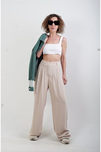 Zelish My Sister Μπεζ παντελόνι με φαρδύ πόδι