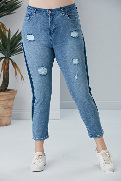 RMG Yırtık Detaylı Garnili Büyük Beden Mavi Kot Pantolon