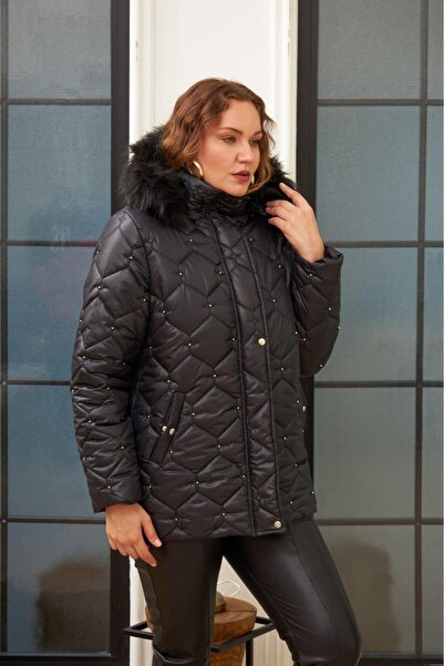 RMG Kapitone Incili Büyük Beden Siyah Mont