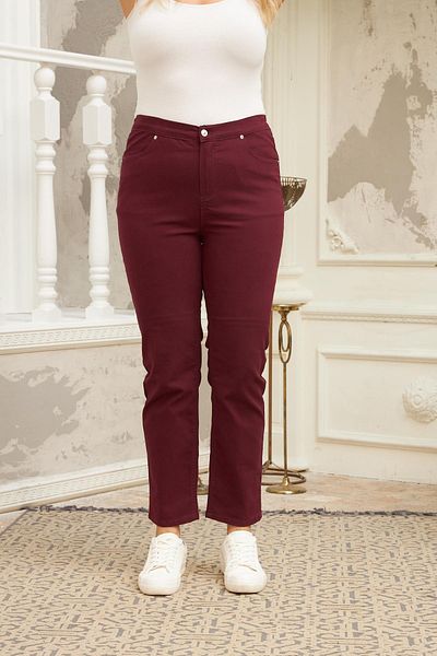 RMG Plus Size Plum Cotton Trousers with Elastic Waist