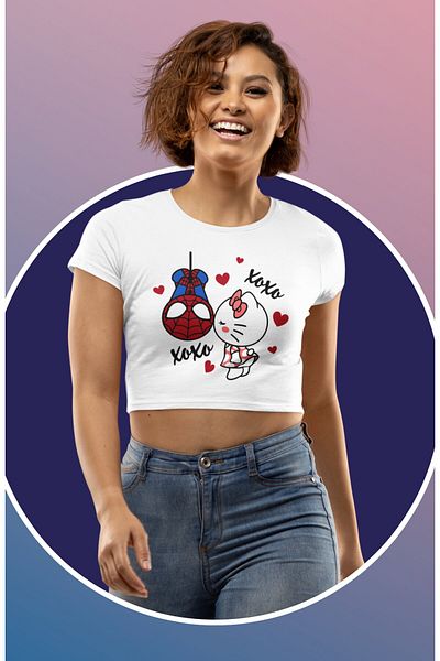 Fuddy Moda Spider And Hello Kitty εμπριμέ Crop Top, Cute Love Themed Crop Μπλούζα
