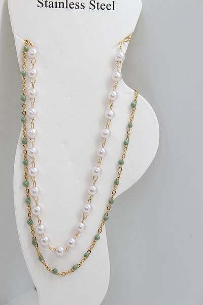 Arwen Collection Bead Double and Pearl Anti-Tarnish Steel Anklet