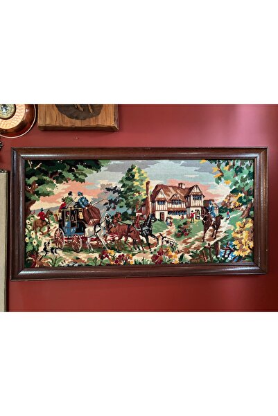 tayfuntufan antika koleksiyon Ahşap Çerçeveli Avrupa Goblen Pano 113 Cm 58 Cm...