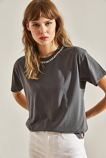 Bianco Lucci Kamenem vyšívané dámské česané bavlněné tričko – límec60211011