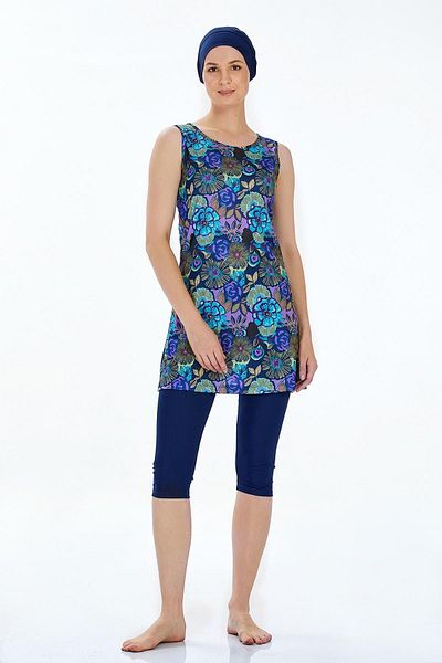 ROZAMAY Dark Navy Blue Sleeveless Capri Tights Pool Swimsuit