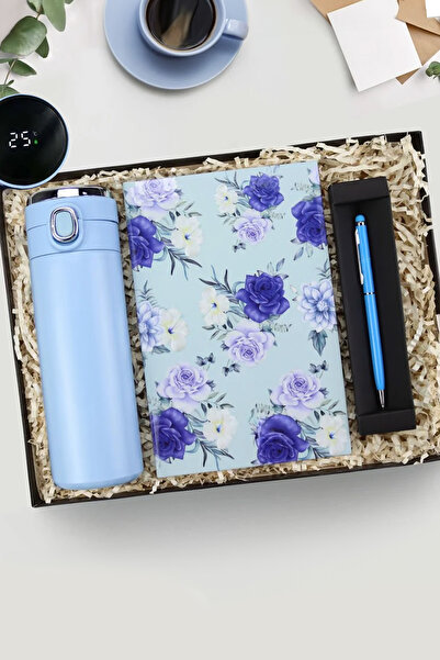 Trendmiya Mavi Kilitli Dereceli Termos & Mavi Tasarım Defter & Mavi Touch Pen...