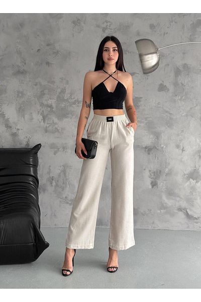 MsLena Butik Linen Trousers - Embroidered, Wide Leg, Elastic Waist, Pocket - Noa249-1361