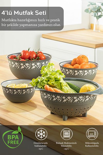 Meleni Home Anthracite 4-Piece Round Bowl and Strainer Set - Basin Set with Whisk and Strainer