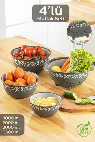 Meleni Home Anthracite 4-Piece Round Bowl and Strainer Set - Basin Set with Whisk and Strainer