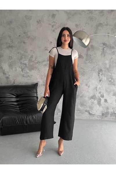 MsLena Butik Black Aerobin Fabric - Tie-Up Strap Maternity Jumpsuit Noa270-1380