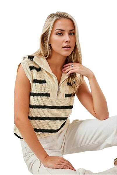Cassime Turtleneck Zippered Knitwear Striped Women's Sweater
