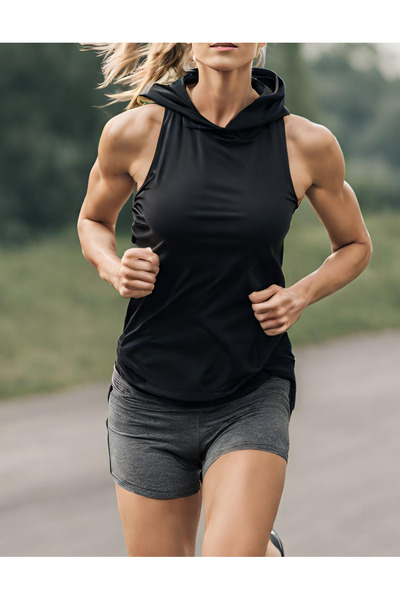 GANNHERS Siyah Kapüşonlu Kolsuz Sporcu T-shirt Fitness Atleti Unisex %100 Pamuk