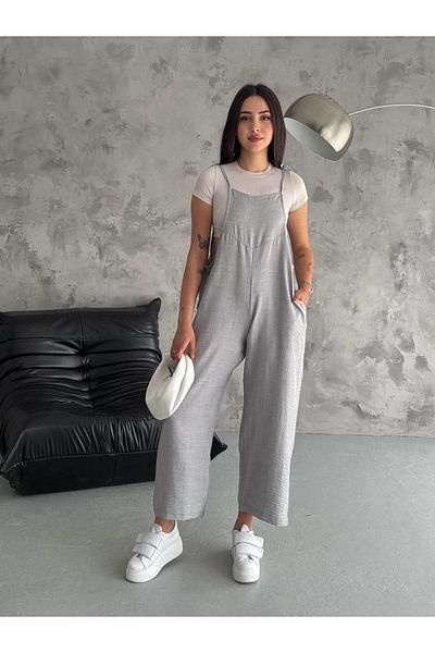 MsLena Butik Gray Aerobin Fabric Maternity Jumpsuit - Loose, Tied Strap Noa270-1380