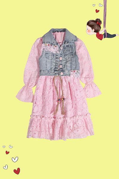 TRENDYOLKIDS Ροζ δαντέλα με λεπτομέρεια για κορίτσι τζιν γιλέκο και μακρυμάνικο σετ φορέματος - TKDSS24EL00013