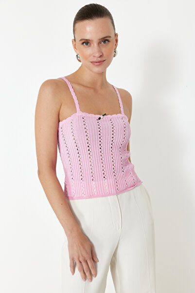 Trendyol Collection Pink Crop Garni Detailed Openwork/Hole Knitwear Blouse TWOSS24BZ00225