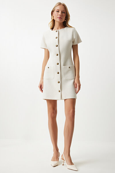 Happiness İstanbul Dámské mini tvídové šaty s kostěnými kapsami KJ00009