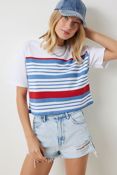 Happiness İstanbul Tricou damă cu dungi alb-albastru cu decolteu triplu - NJ00151
