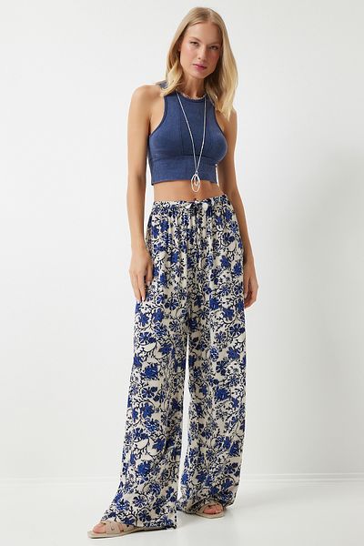Happiness İstanbul Women's Cream Blue Patterned Flowy Viscose Palazzo Trousers EN00606