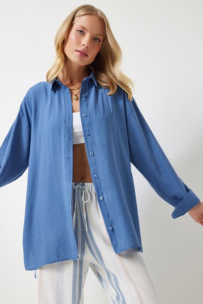 Happiness İstanbul Indigovo modrá oversize ľanová košeľa - dlhá Ayrobin Model TO00141