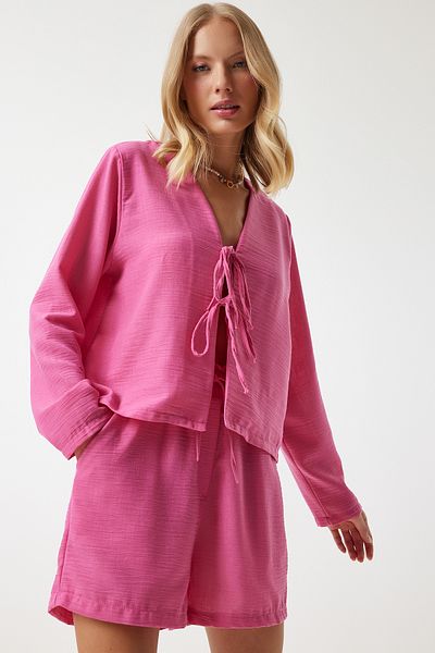 Happiness İstanbul Dunkelrosa Leinenbluse und Shorts-Set – Ayrobin-Schleifendetail UL00023