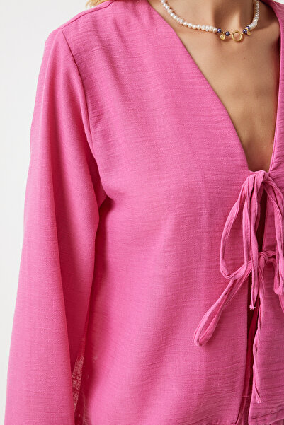 Happiness İstanbul Sötét rózsaszín vászonblúz és rövidnadrág szett - Ayrobin Bow Detail UL00023