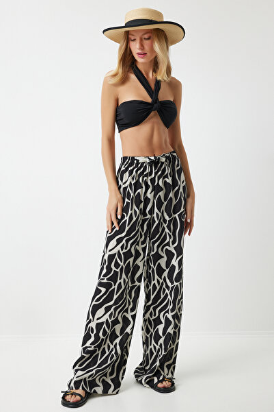 Happiness İstanbul Černé vzorované viskózové kalhoty Palazzo - Ecru Vibrant, Flowy EN00606