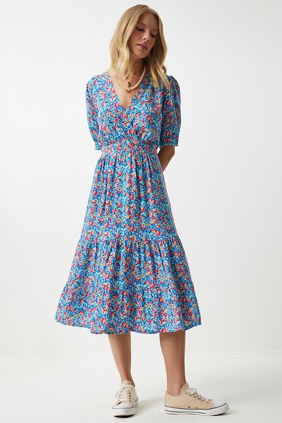 Happiness İstanbul Rosa-blaues Sommerkleid aus Viskose mit Blumenmuster und Wickelkragen RV00128