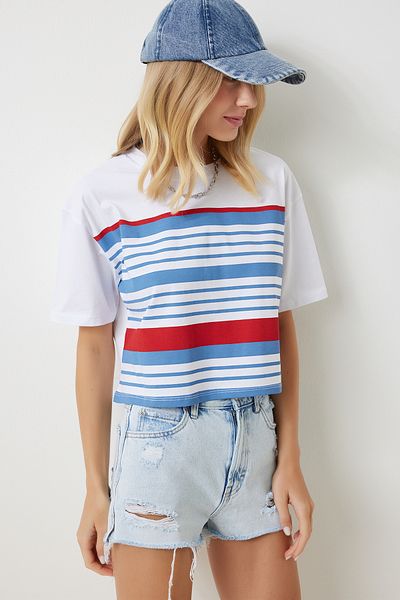 Happiness İstanbul Tricou damă cu dungi alb-albastru cu decolteu triplu - NJ00151