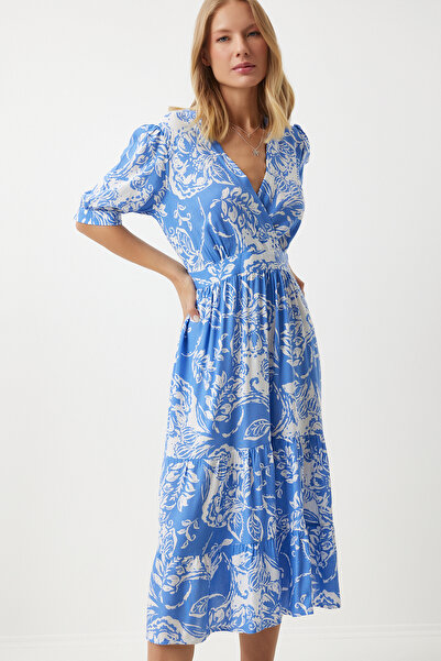 Happiness İstanbul Kadın Mavi Anvelop Yaka Çiçekli Yazlık Viskon Elbise RV00128