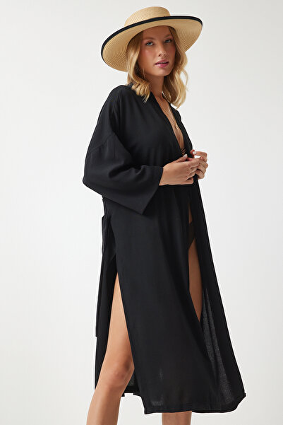 Happiness İstanbul Dámské kimono Black Belted Crinkle DD00958