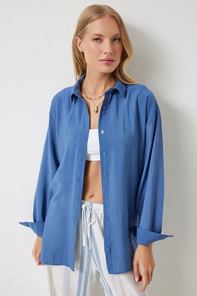Happiness İstanbul Indigovo modrá oversize ľanová košeľa - dlhá Ayrobin Model TO00141